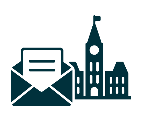 Icon of an envelope with a letter, in front of the Canadian Parliament building